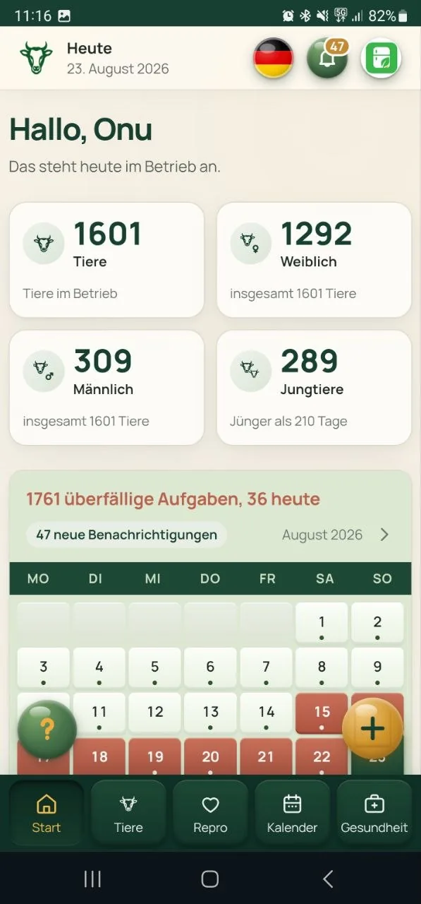 Dieselbe Startseite auf dem Handy, mit der Leiste unten: Start, Tiere, Repro, Kalender, Gesundheit.