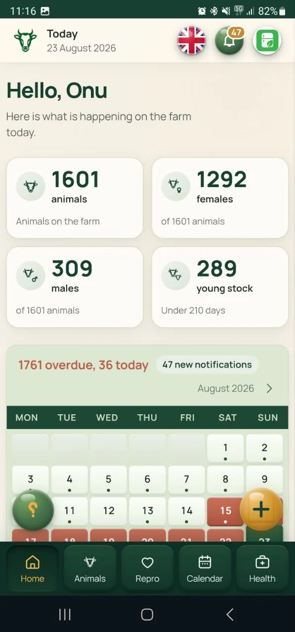 The same screen on a phone, with the tab bar at the bottom: Home, Animals, Repro, Calendar, Health.