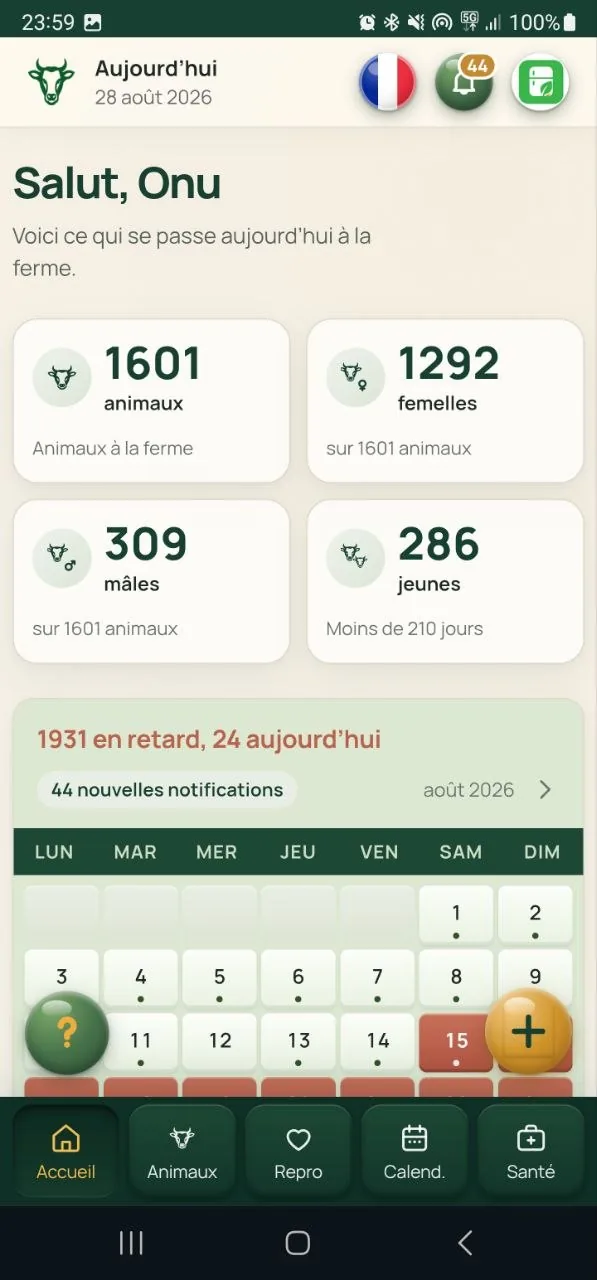 Le même tableau de bord sur le téléphone, avec la barre d’onglets en bas : Accueil, Animaux, Repro, Calend., Santé.