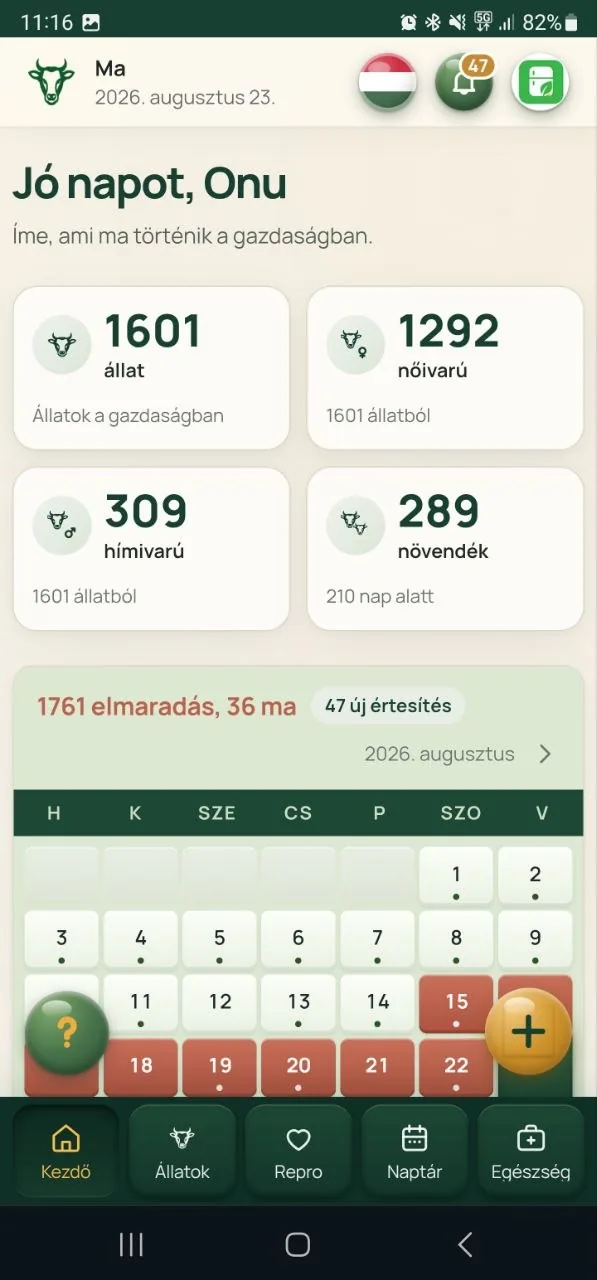 Ugyanaz a felület telefonon, alul a fülsávval: Kezdő, Állatok, Repro, Naptár, Egészség.