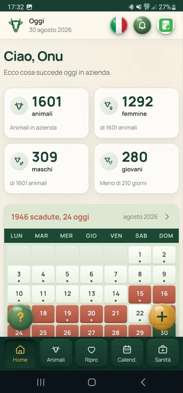 Lo stesso pannello sul cellulare, con la barra delle schede in basso: Home, Animali, Ripro, Calend., Sanità.