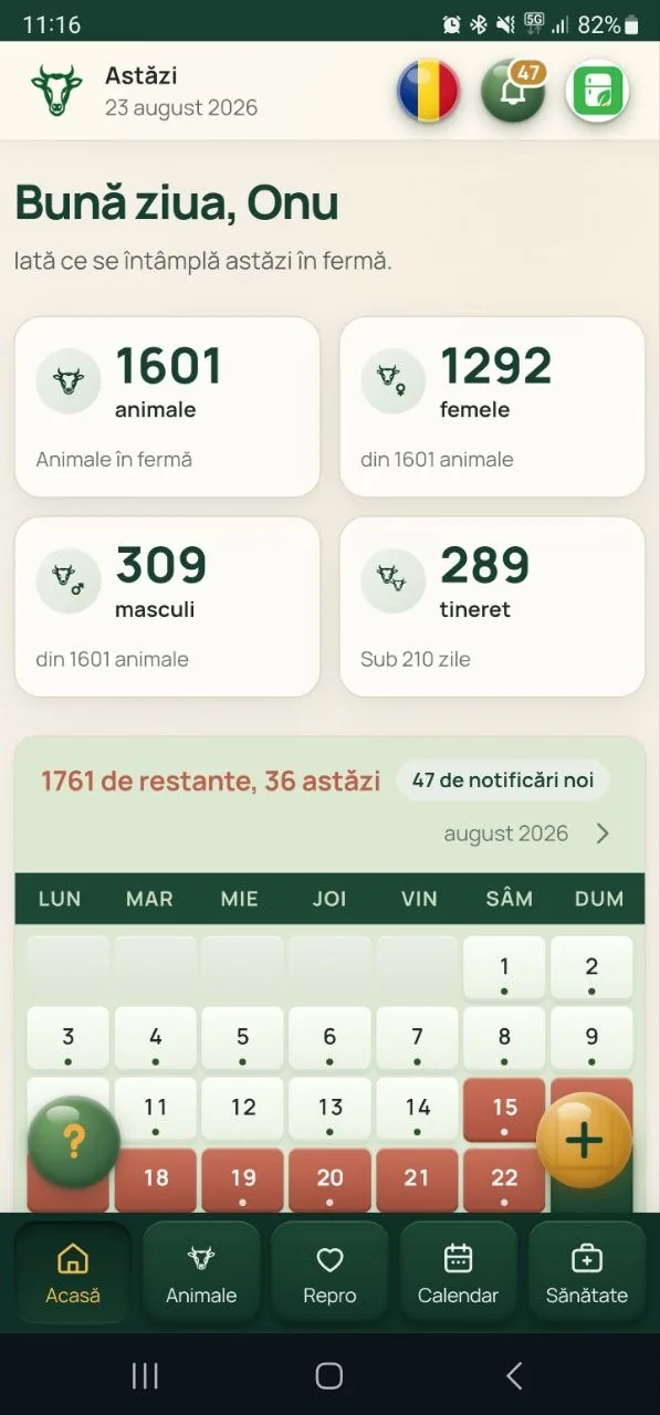 Același panou pe telefon, cu bara de clape jos: Acasă, Animale, Repro, Calendar, Sănătate.