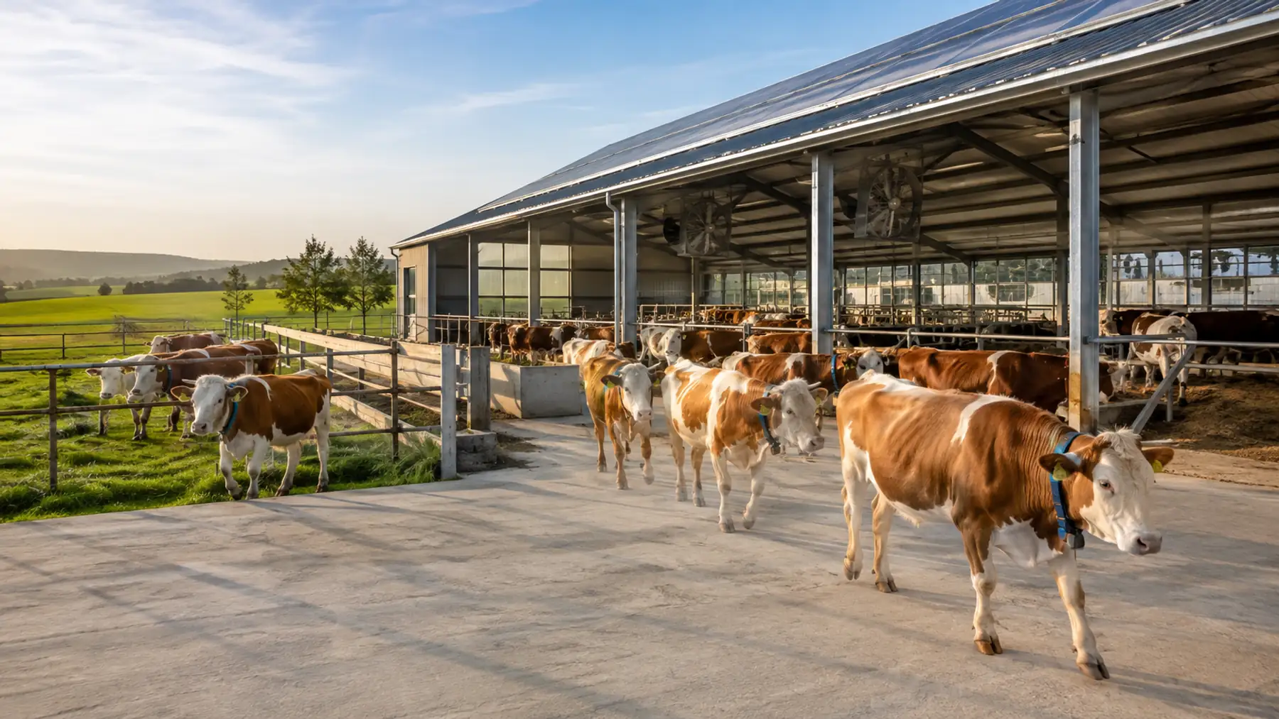 A herd of Bălțată românească cows walking out of an open cattle barn in the morning light, with pasture and hills behind them