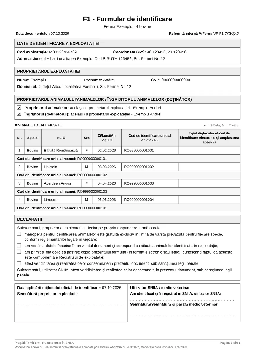Exemplu de formular F1 pregătit în ViFerm: datele exploatației și ale proprietarului, animalele cu crotalia, rasa și crotalia mamei, declarațiile și rubricile de semnătură.