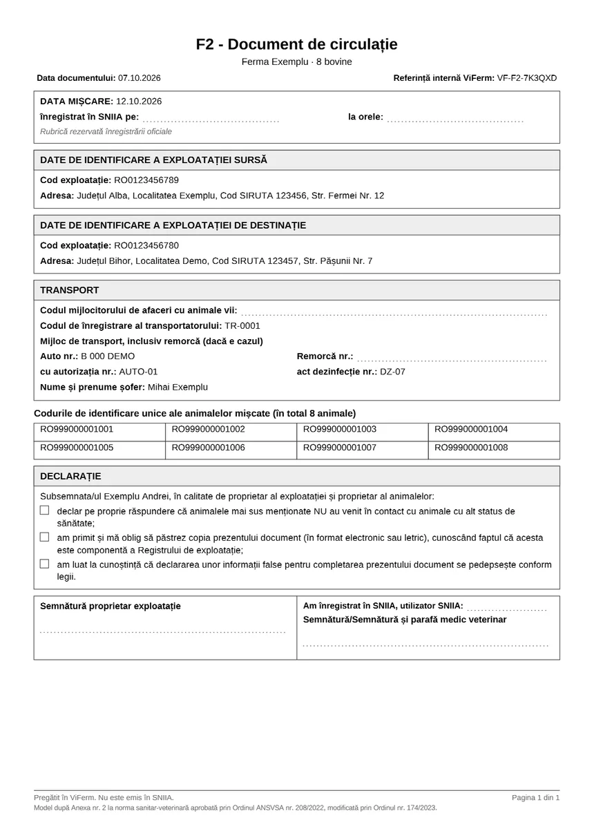 Exemplu de document F2 pregătit în ViFerm: exploatația sursă și cea de destinație, transportul și codurile animalelor mișcate.