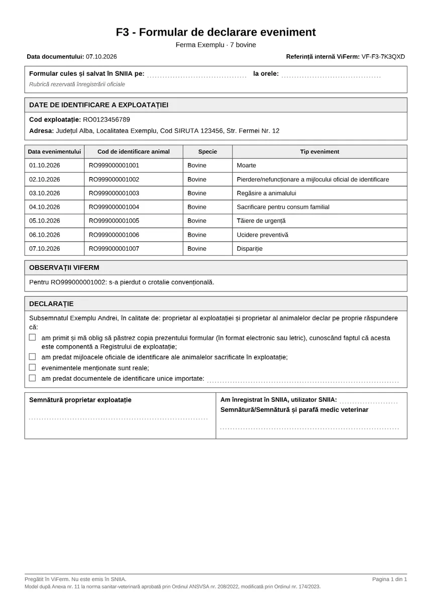 Exemplu de formular F3 pregătit în ViFerm: tabelul evenimentelor, cu data, crotalia și tipul fiecărui eveniment.