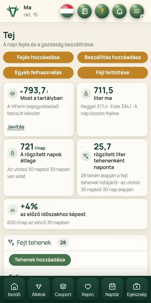 A ViFerm Tej oldala telefonon: egy bemutató gazdaság rögzített teje, átlagai és fejései.